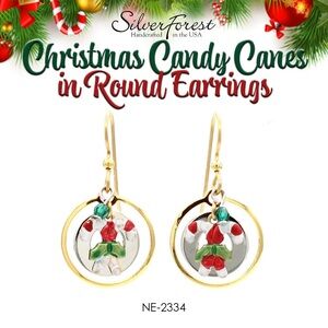 Silver Forest Christmas Candy Canes in Round with Red and Green Accents Earrings